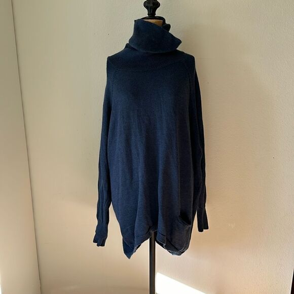 Eileen Fisher M merino wool navy turtleneck knit tunic or dress great pre owned - Picture 1 of 8